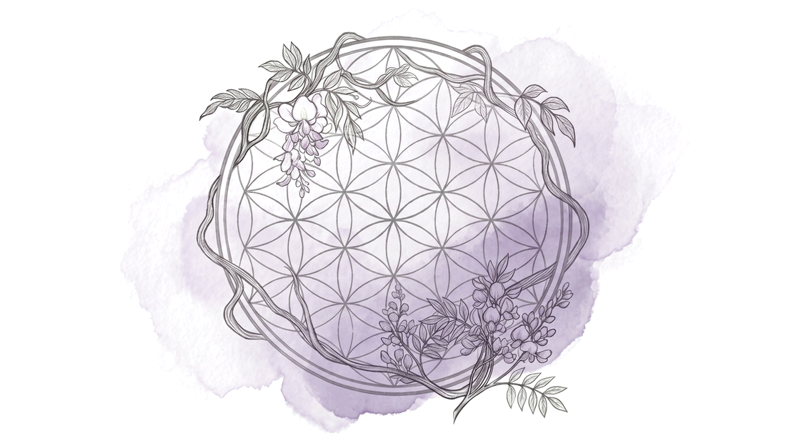 Wisteria — a flower of life wreathed in wisteria vines, in watercolor